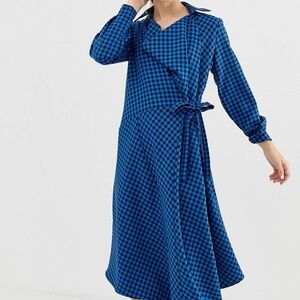 Blue black wrap long dress in checkered print waist tie knot detail belt